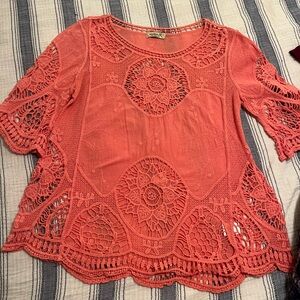 ONE WORLD Coral Crochet Lace Blouse